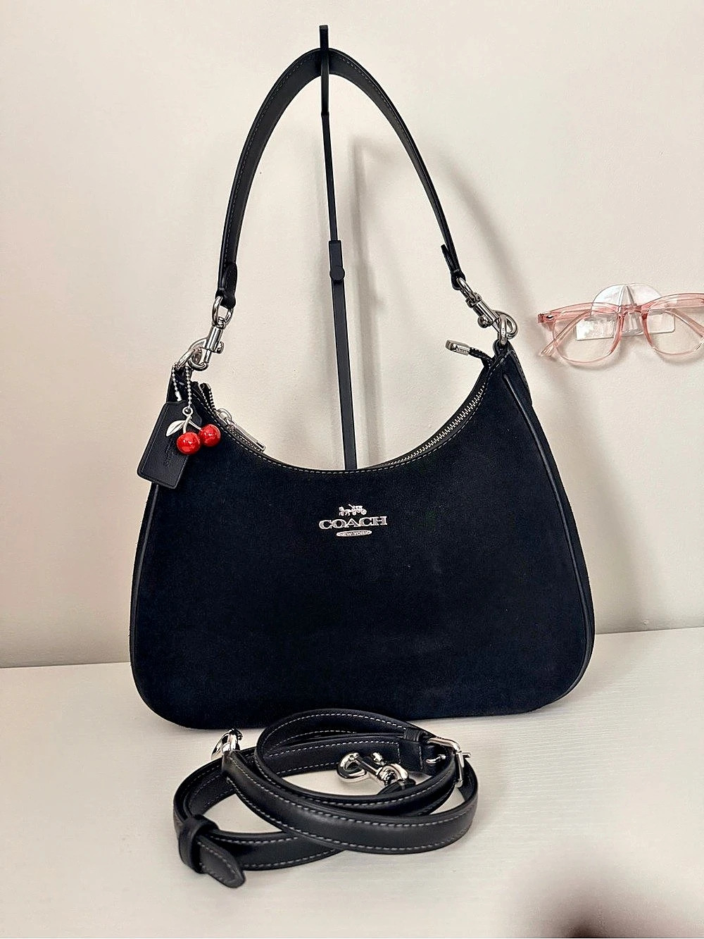 Coach Teri Hobo Bag Black Shoulder Bag with Cherry Charm